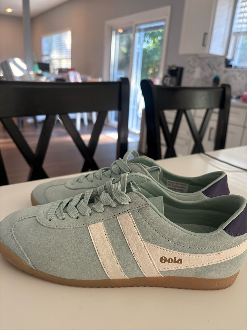Gola Women's Light Teal Suede Sneakers with White Stripes and Purple Heel - Picture 3 of 4